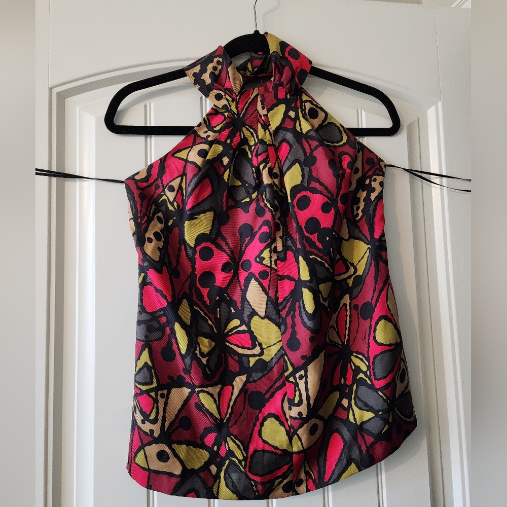Trina Turk Silk Abstract Butterfly Pink Green High Neck Halter Top Sz. 2